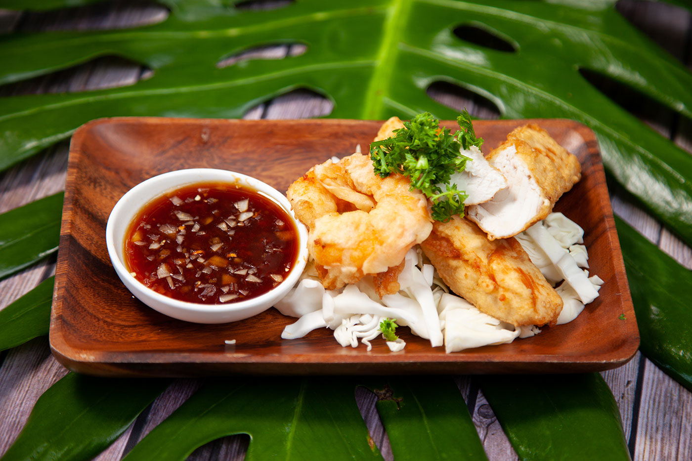 Shrimp and Ono Tempura with Opae dipping sauce