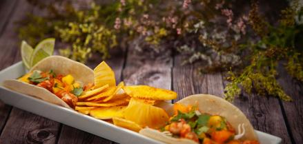 Shrimp Tacos with Fresh Fruit Salsa and Spiced Ulu Chips